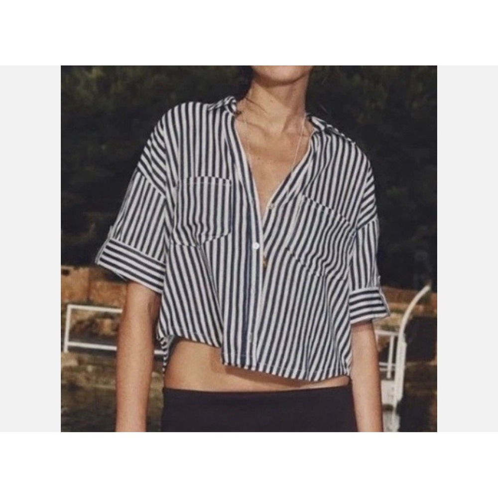 Zara Striped Button Down Shirt S Blue White Linen Blend Boxy Coastal Grandma